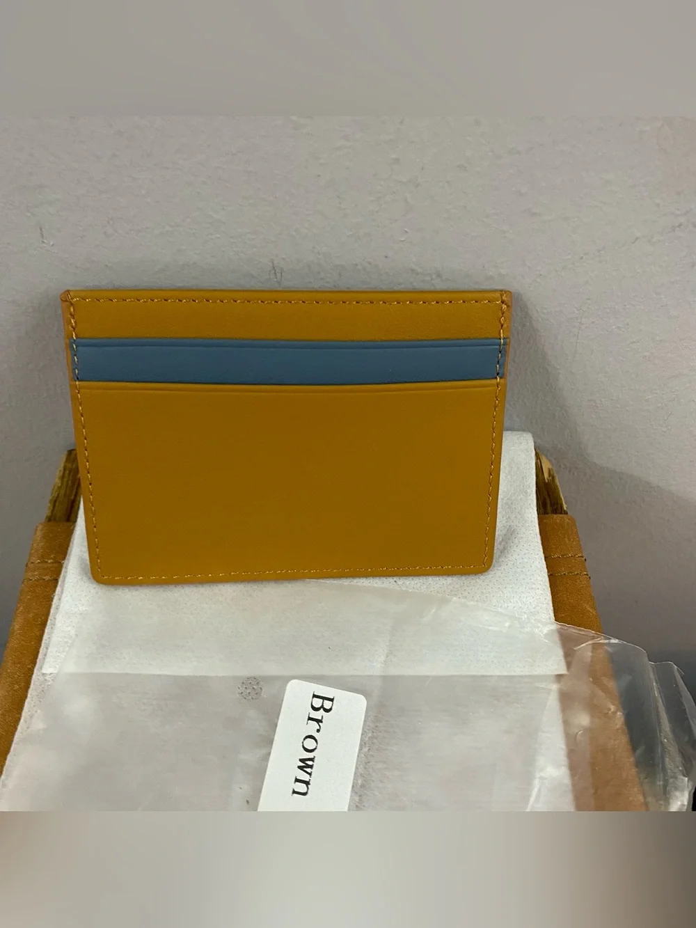 Rylor Heritage Stripe Leather Card Holder Minimalist Slim Wallet Brown Blue NWOT